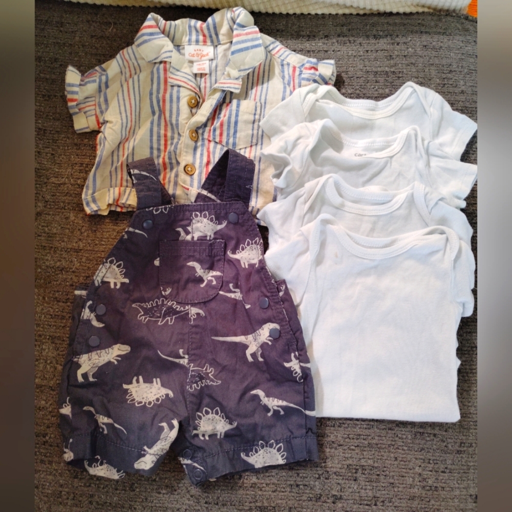 Cat & Jack Striped Shirt and Carter's Dinosaur Overalls With 4 Onesies